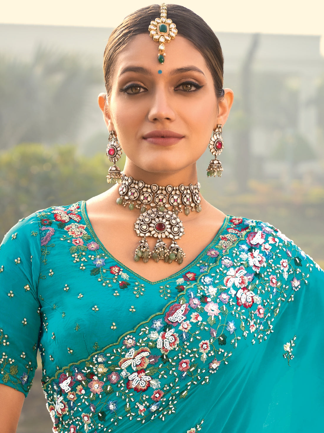 Turquoise Blue Designer Saree with Heavy Embroidery