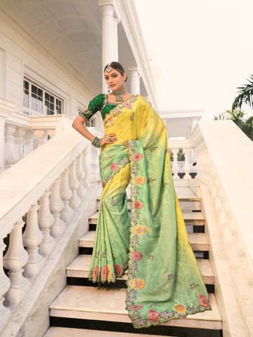 Lime Green Floral Embroidered Designer Saree