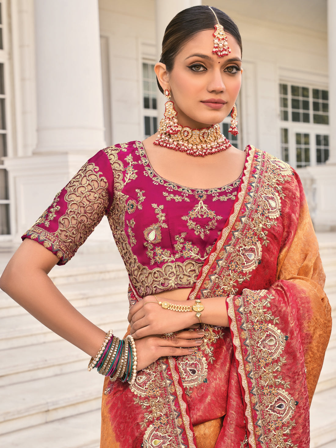 Rust Orange Heavy Bridal Saree with Zari Mirror & Sequin Work