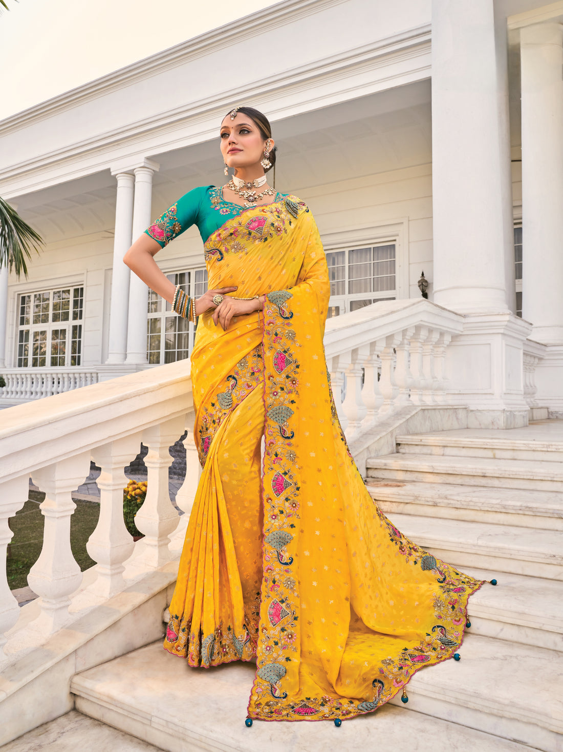 Mustard Yellow Floral Embroidered Saree with Designer Border