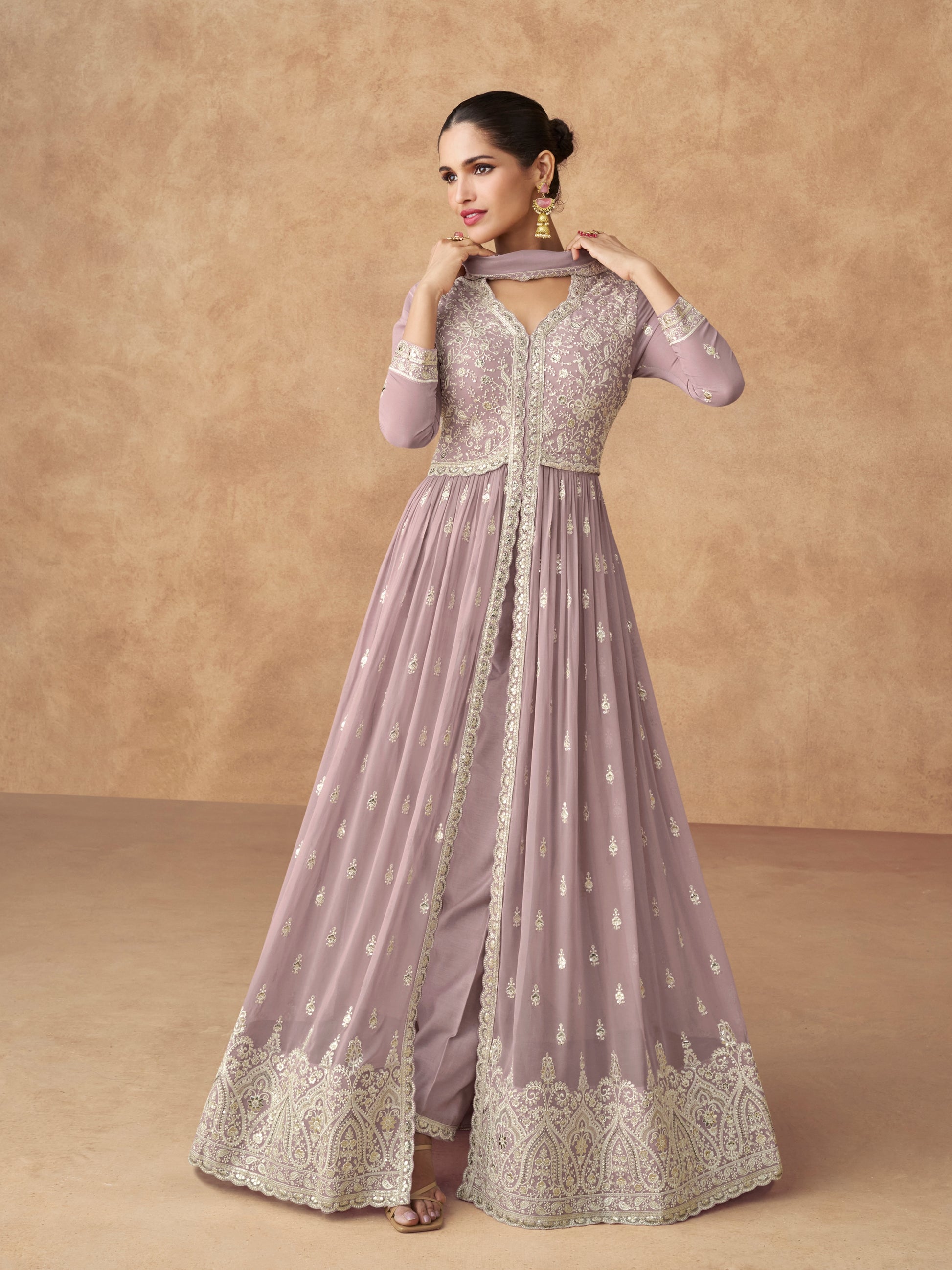 Lavender Embroidered Georgette Palazzo Suit