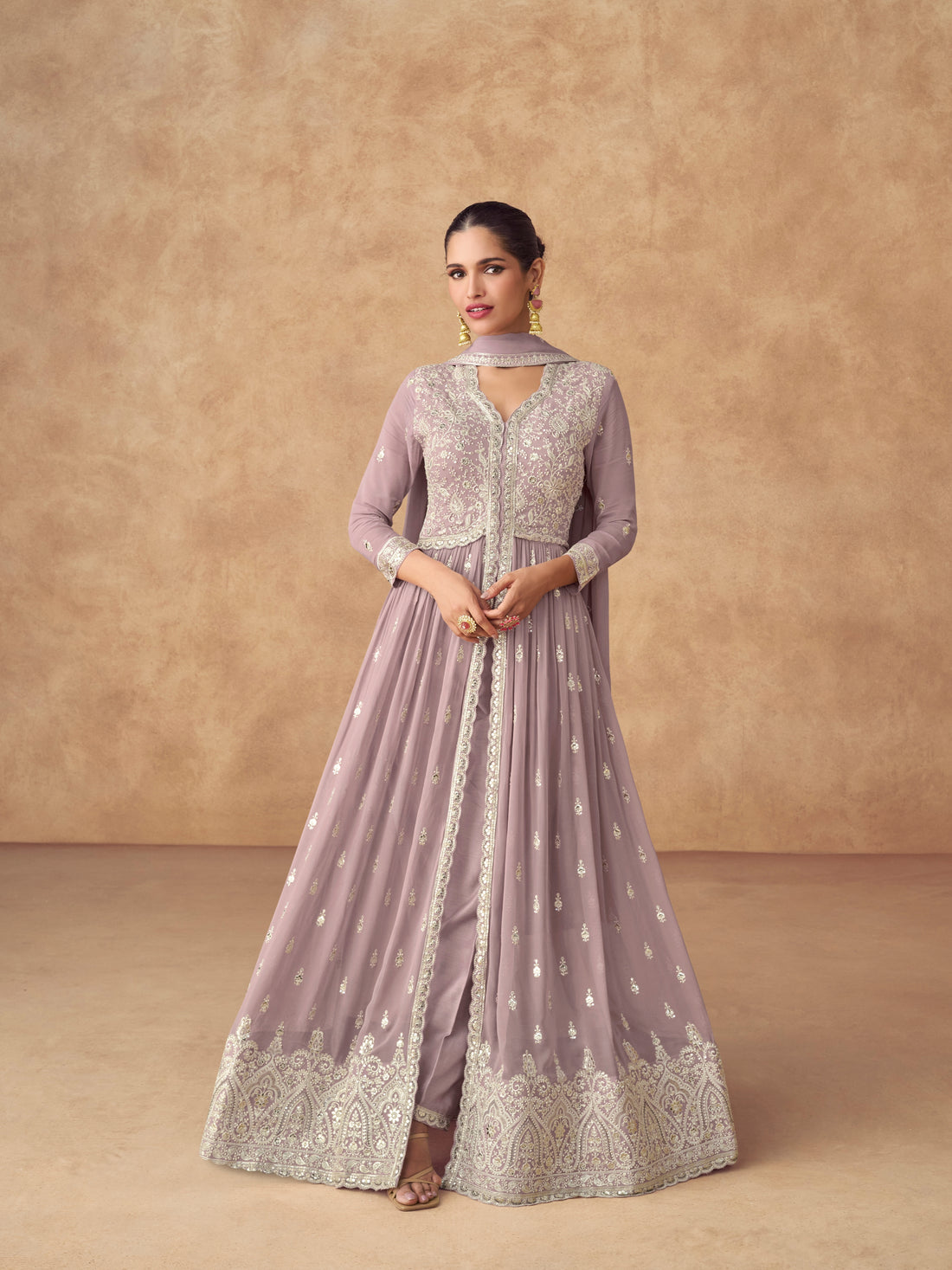 Lavender Embroidered Georgette Palazzo Suit