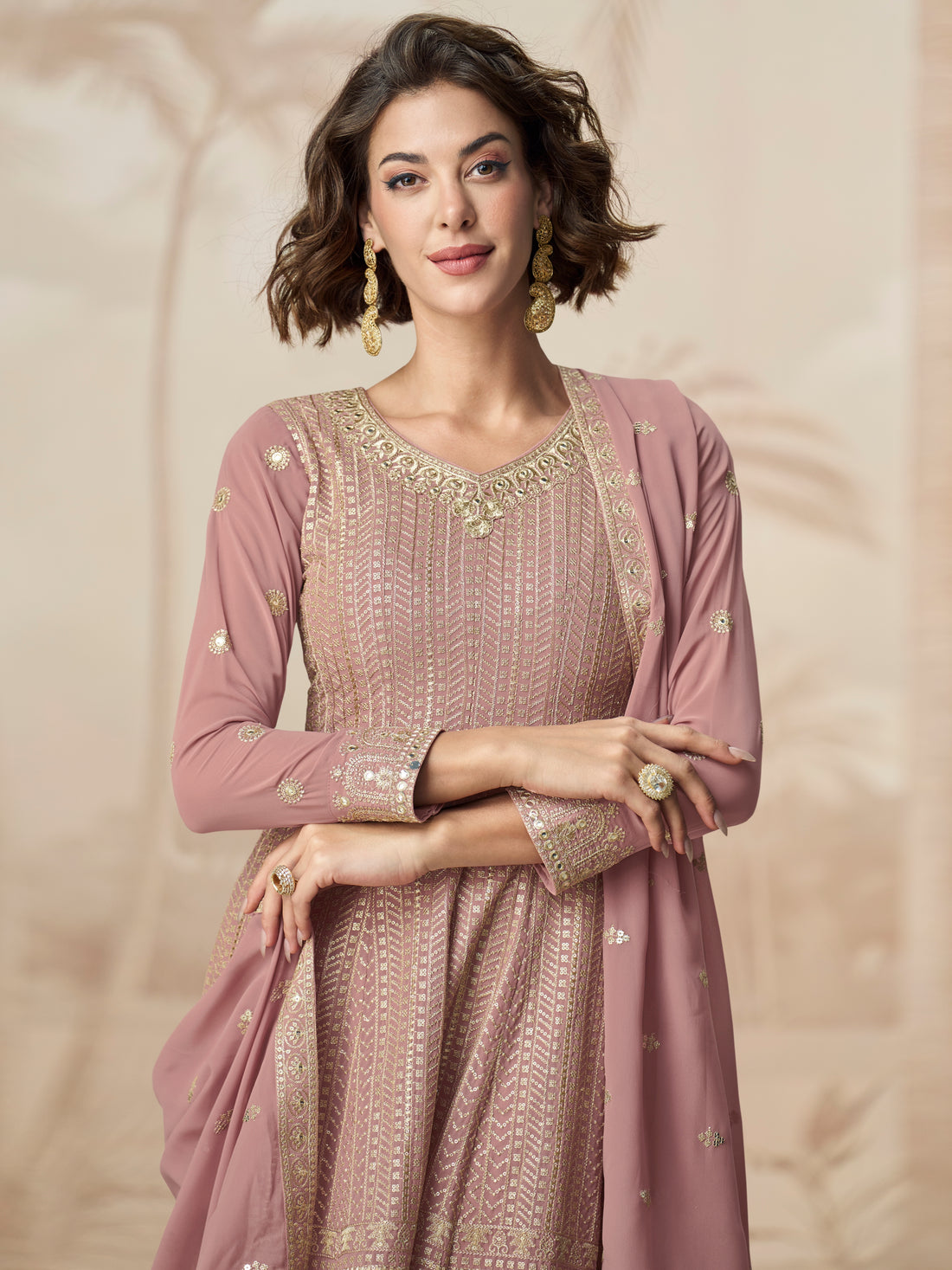 Mauve Embroidered Georgette Palazzo Suit