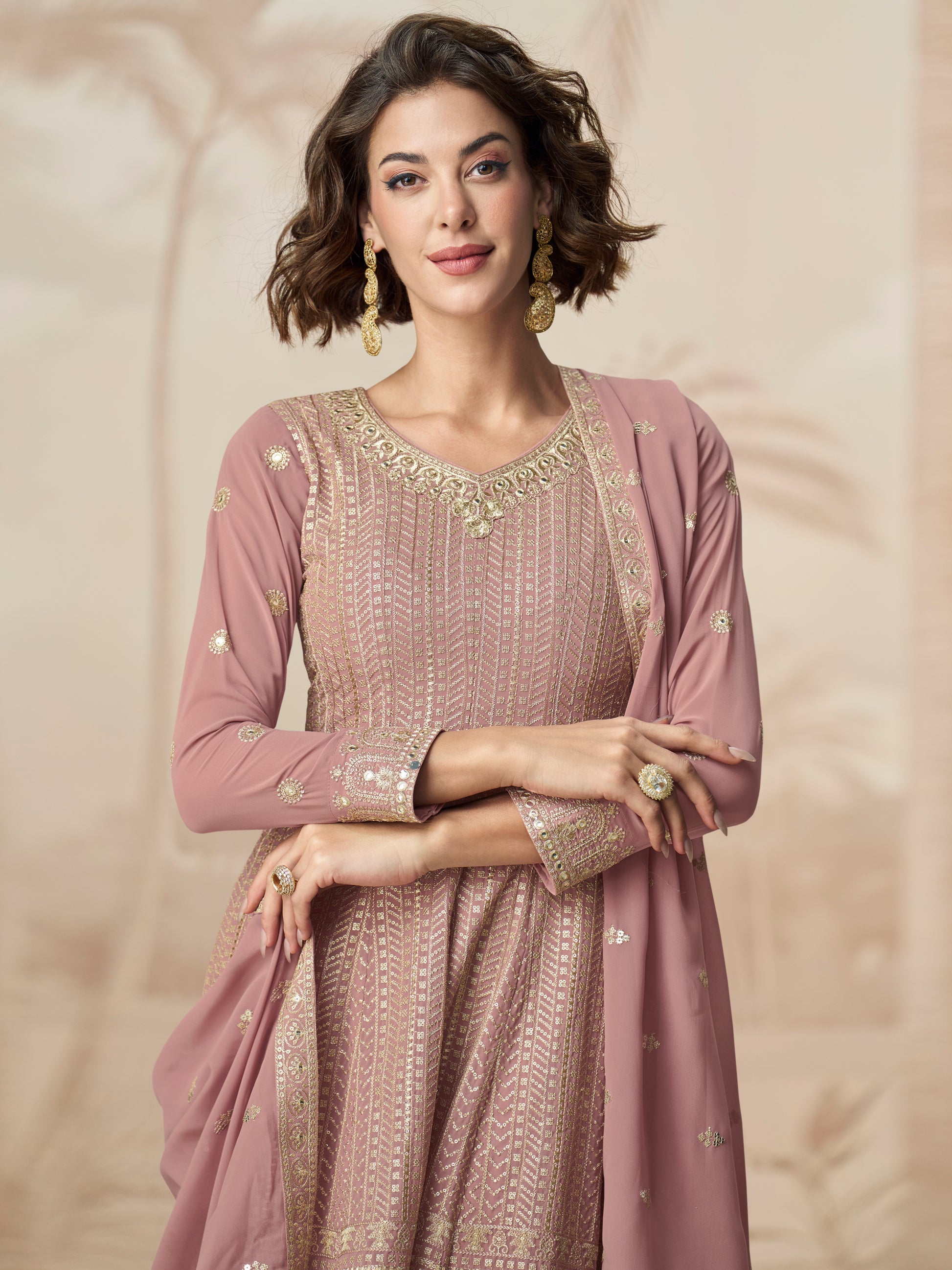 Mauve Embroidered Georgette Palazzo Suit