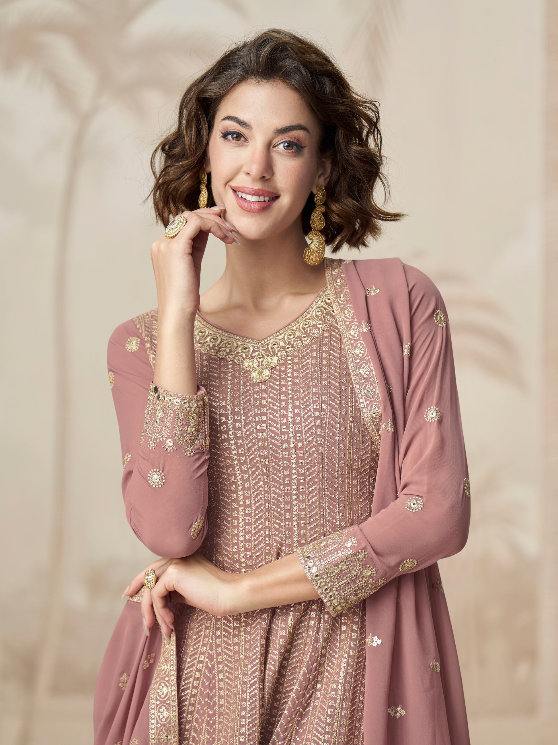 Mauve Embroidered Georgette Palazzo Suit