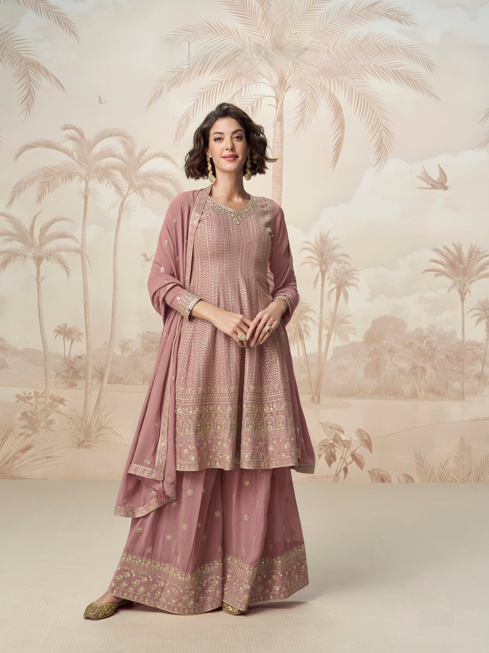 Mauve Embroidered Georgette Palazzo Suit