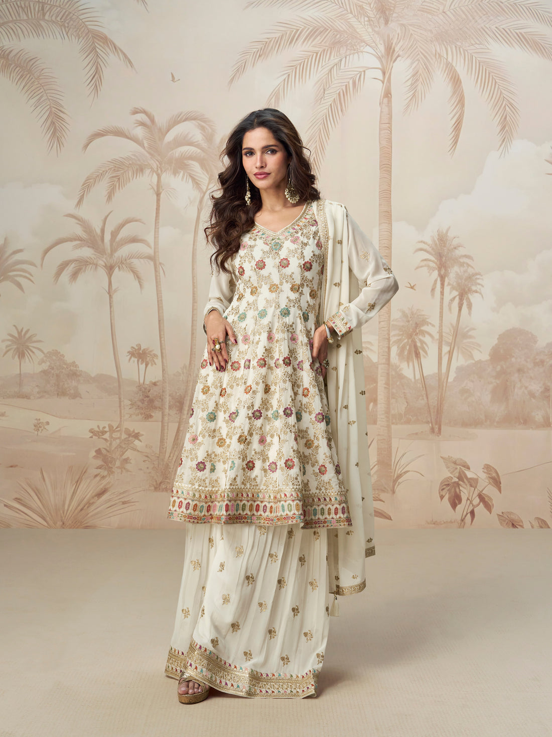 Ivory White Embroidered Palazzo Suit