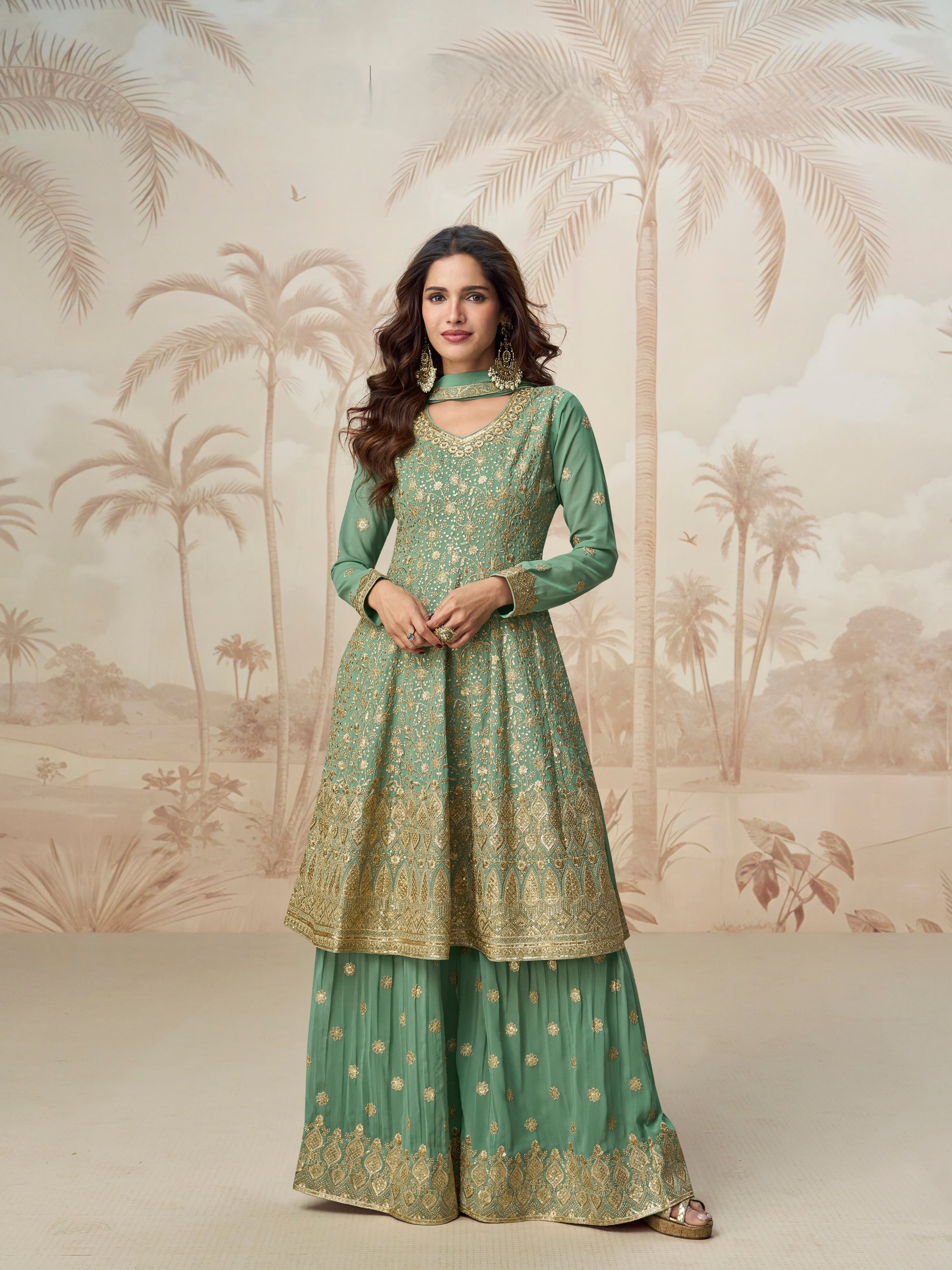 Green Georgette Palazzo Suit