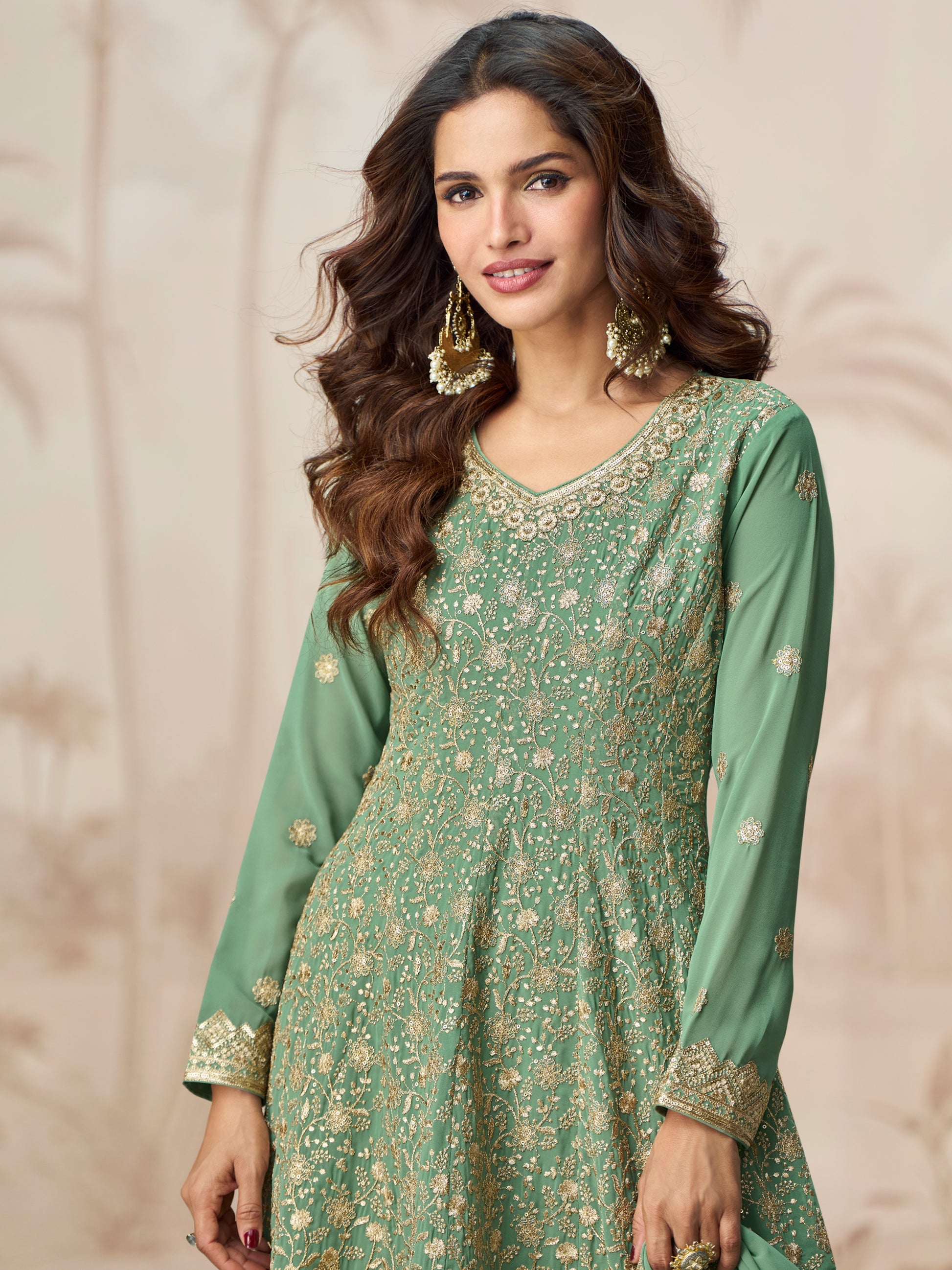 Green Georgette Palazzo Suit