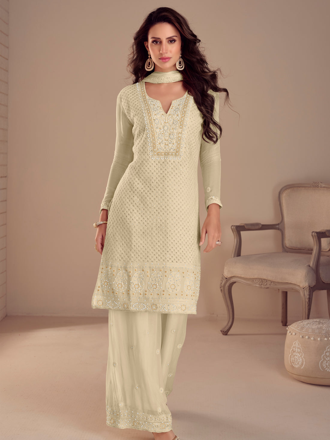 Soft Cream Embroidered Georgette Palazzo Suit