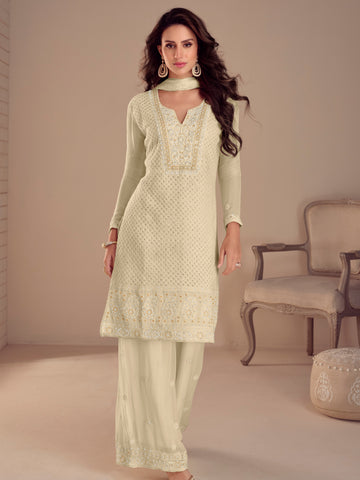 Soft Cream Embroidered Georgette Palazzo Suit