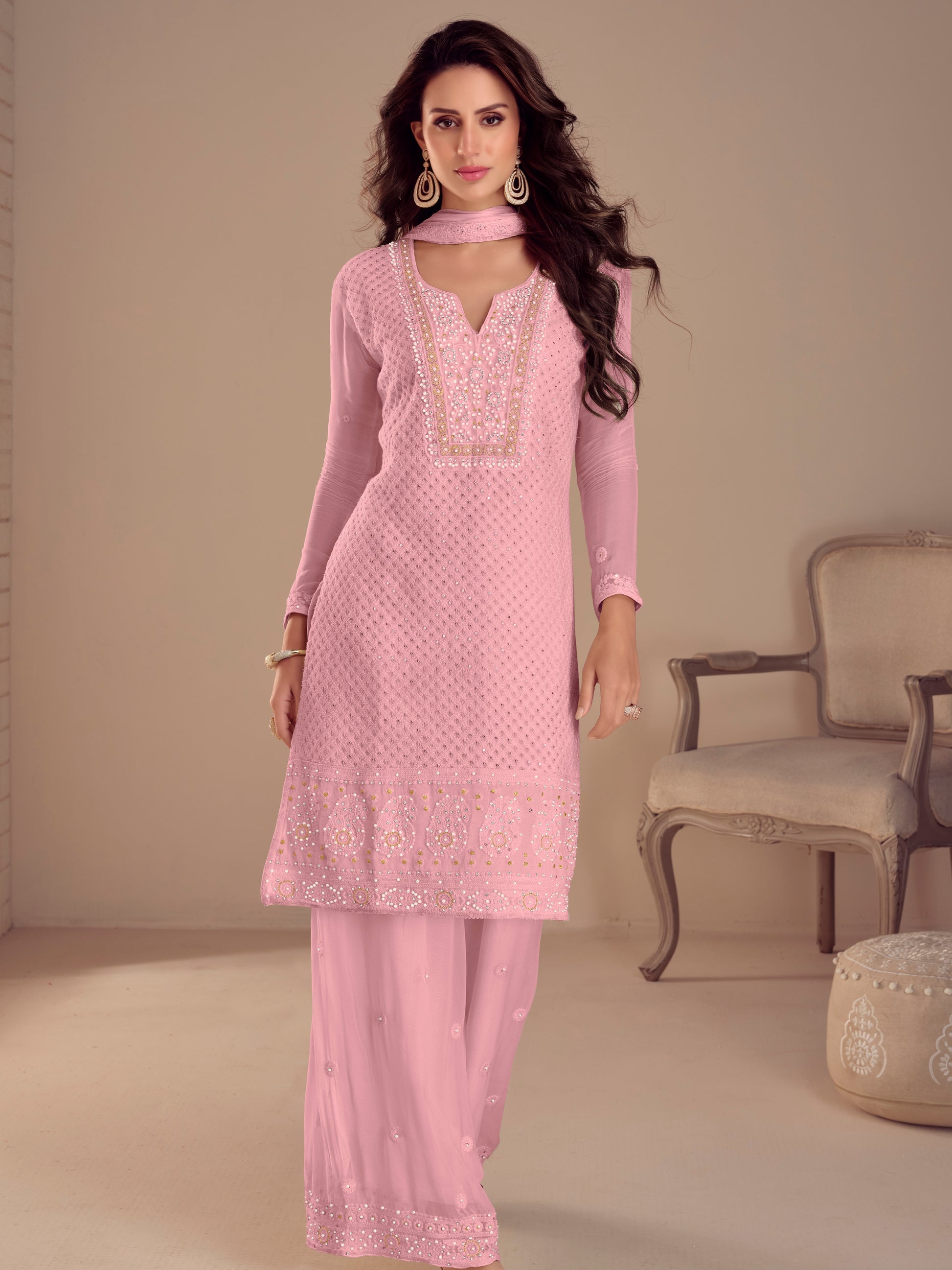 Blush Pink Embroidered Georgette Palazzo Suit