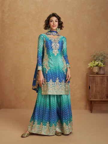 Royal Blue & Green Ombre Chinnon Silk Palazzo Suit