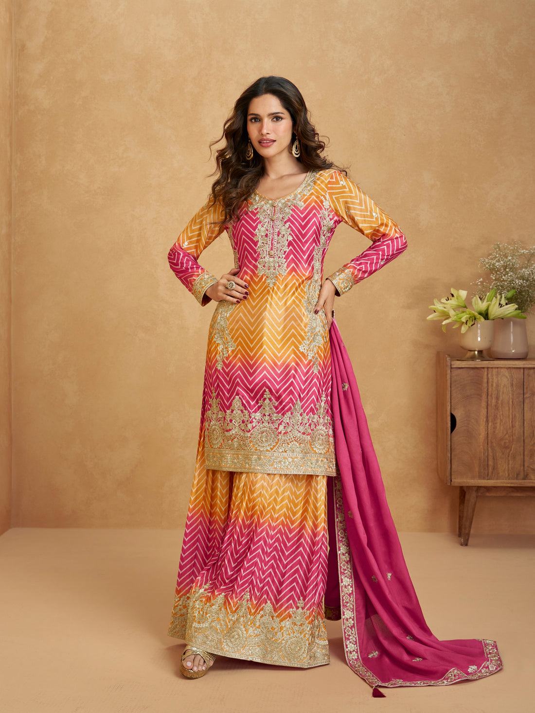Yellow & Magenta Ombre Chinnon Silk Palazzo Suit