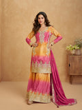 Yellow & Magenta Ombre Chinnon Silk Palazzo Suit