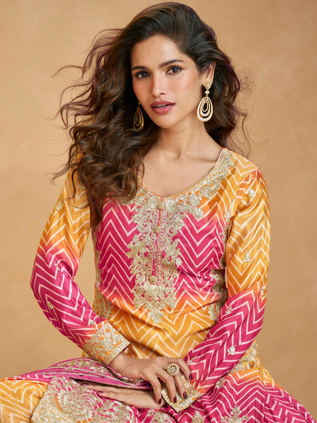 Yellow & Magenta Ombre Chinnon Silk Palazzo Suit