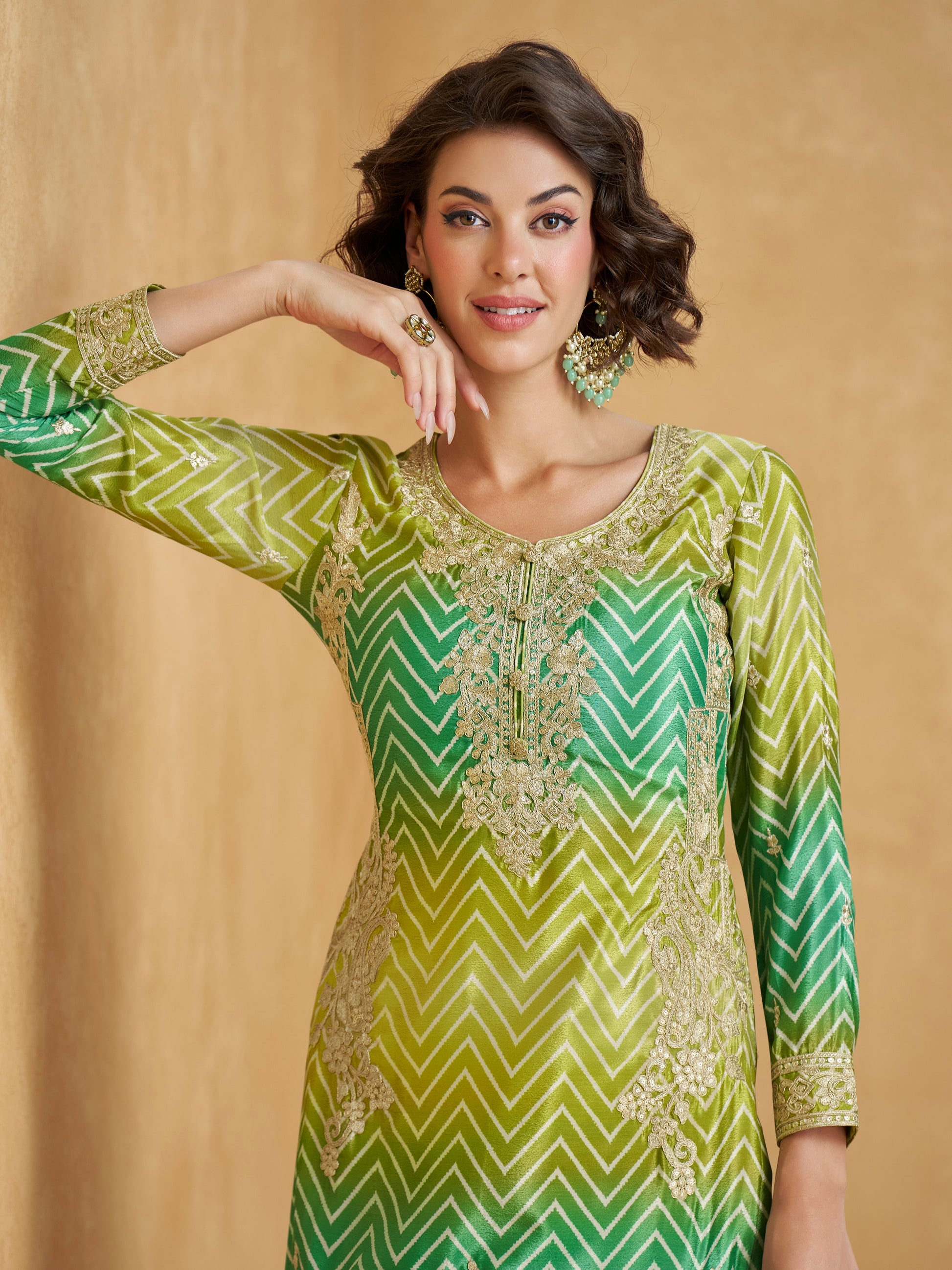 Lime Green & Yellow Ombre Chinnon Silk Palazzo Suit