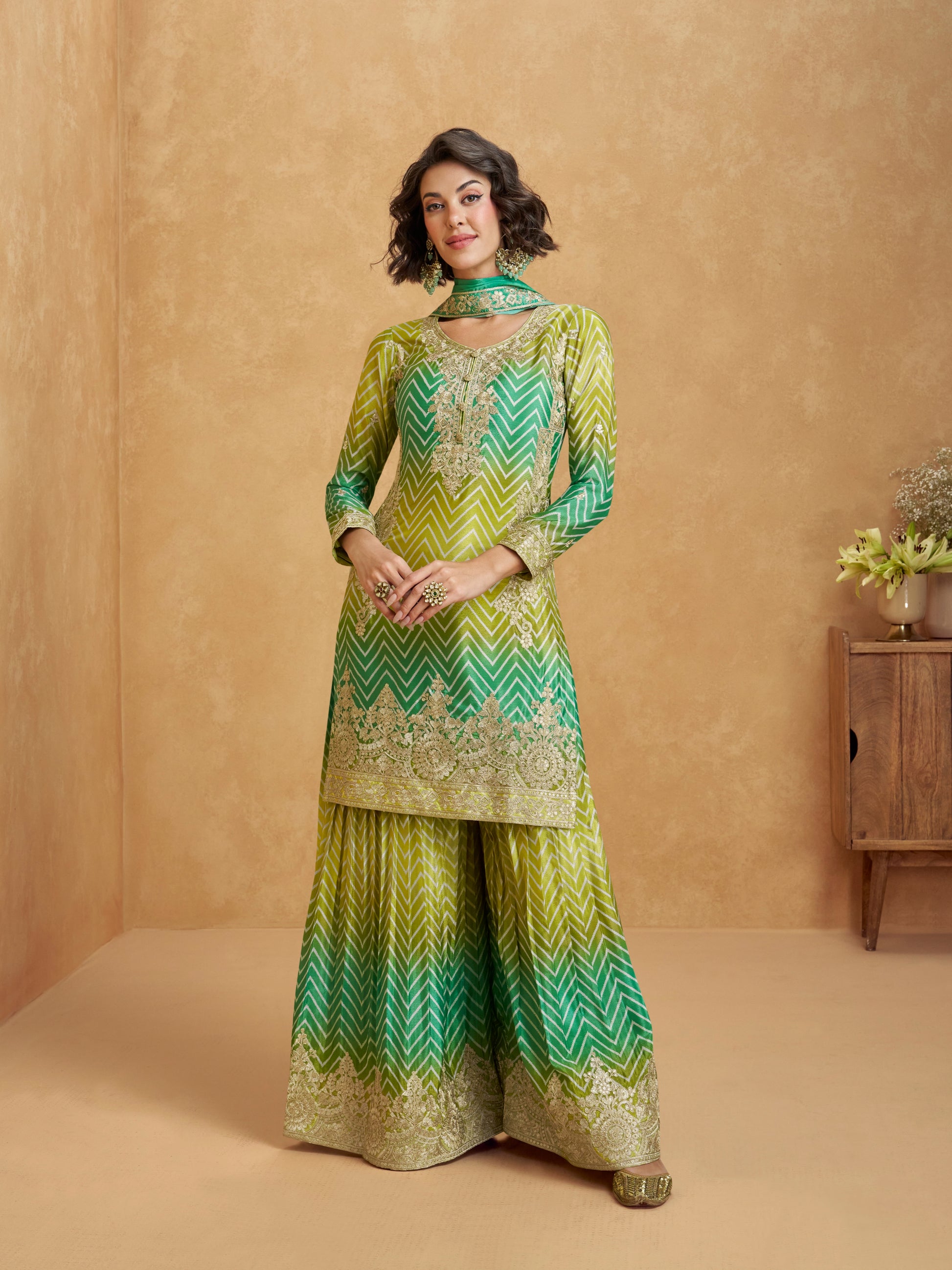 Lime Green & Yellow Ombre Chinnon Silk Palazzo Suit