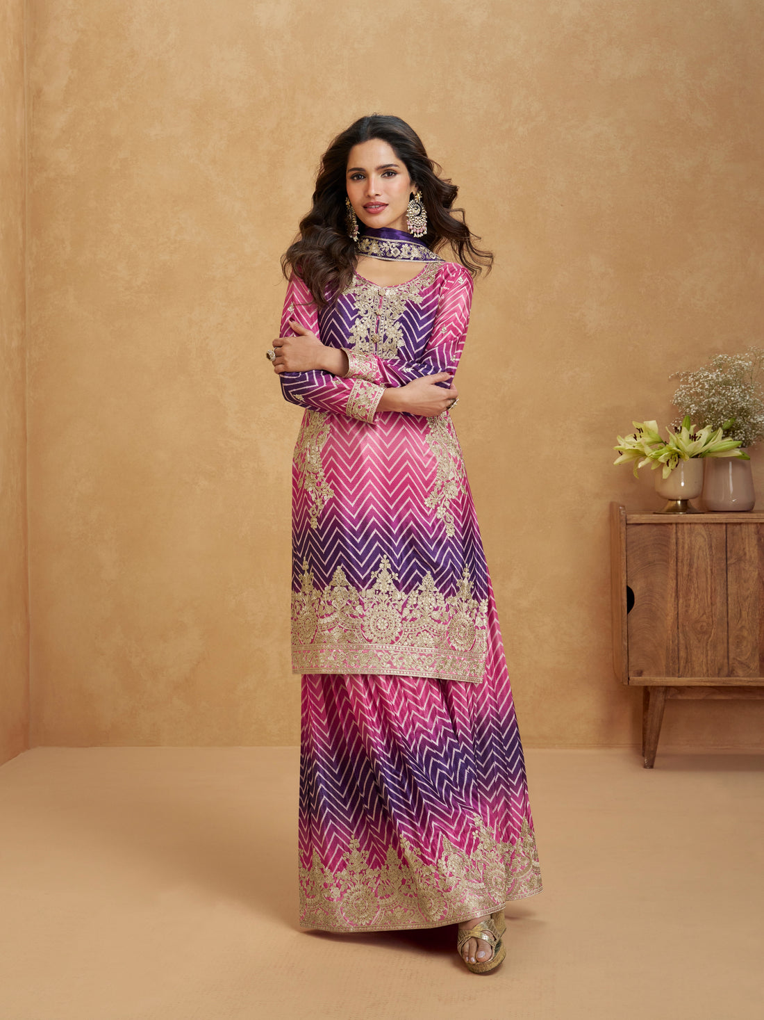 Purple & Pink Ombre Embroidered Chinnon Silk Palazzo Suit