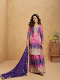 Purple & Pink Ombre Embroidered Chinnon Silk Palazzo Suit