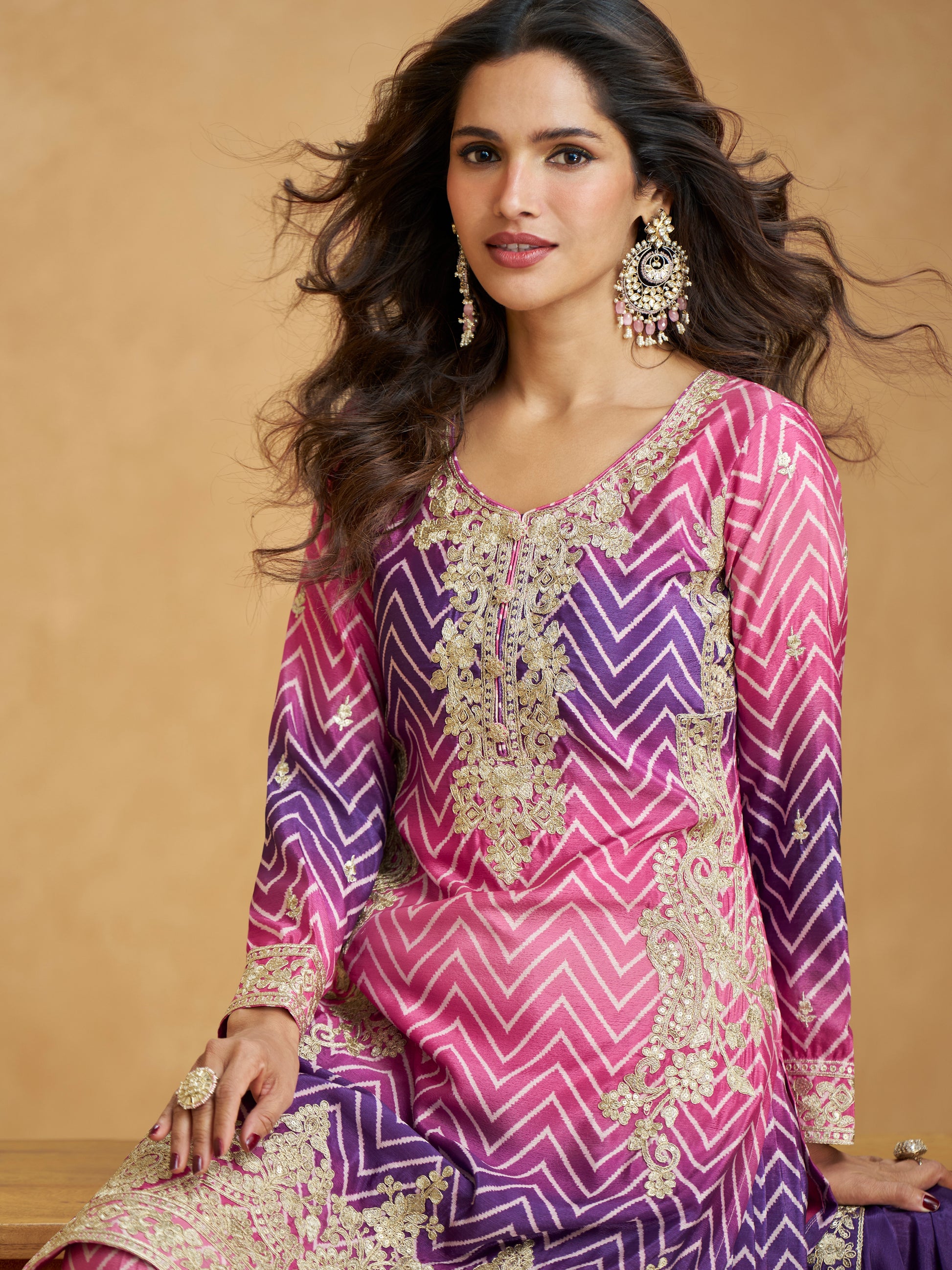 Purple & Pink Ombre Embroidered Chinnon Silk Palazzo Suit