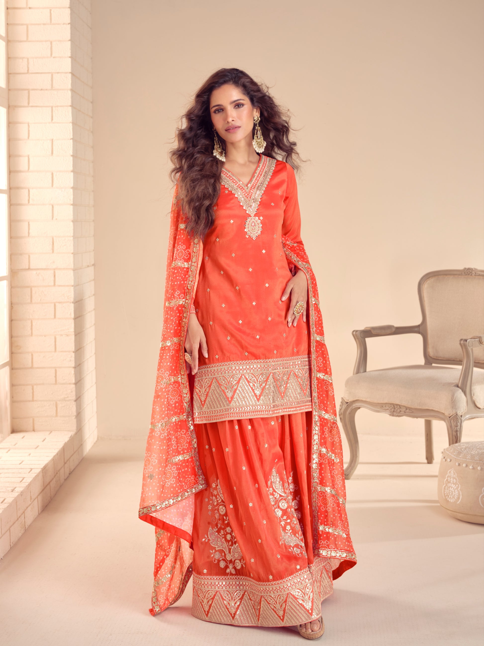 Coral Orange Embroidered Sharara Suit