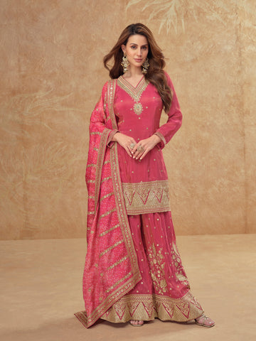 Rani Pink Real Simar Silk Embroidered Sharara Suit