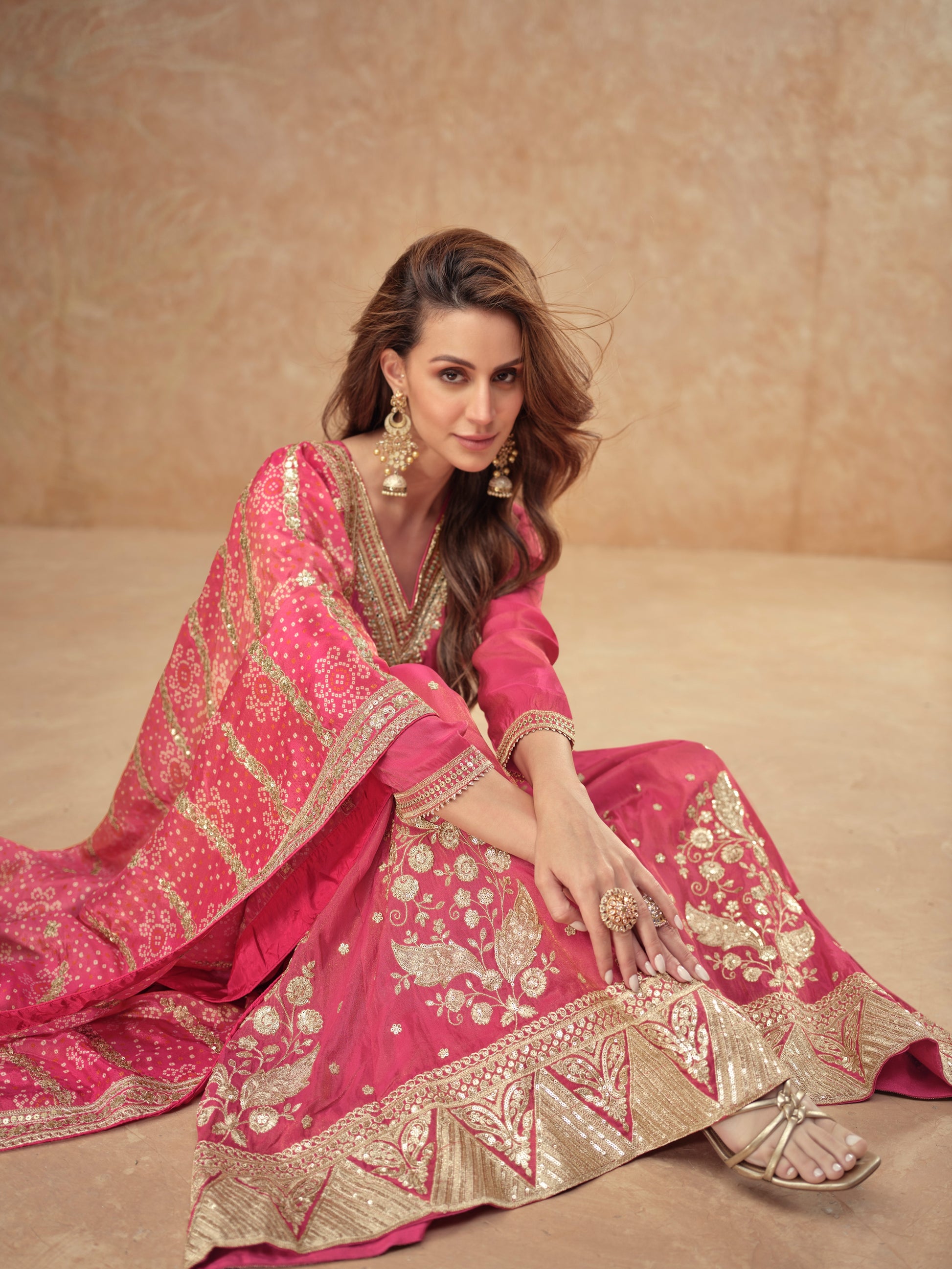 Rani Pink Real Simar Silk Embroidered Sharara Suit