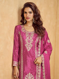 Magenta Pink Chinnon Silk Palazzo Suit with Intricate Embroidery
