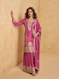 Magenta Pink Chinnon Silk Palazzo Suit with Intricate Embroidery
