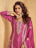 Magenta Pink Chinnon Silk Palazzo Suit with Intricate Embroidery