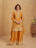 Mustard Yellow Chinnon Silk Embroidered Palazzo Suit