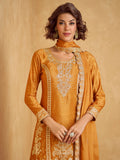 Mustard Yellow Chinnon Silk Embroidered Palazzo Suit