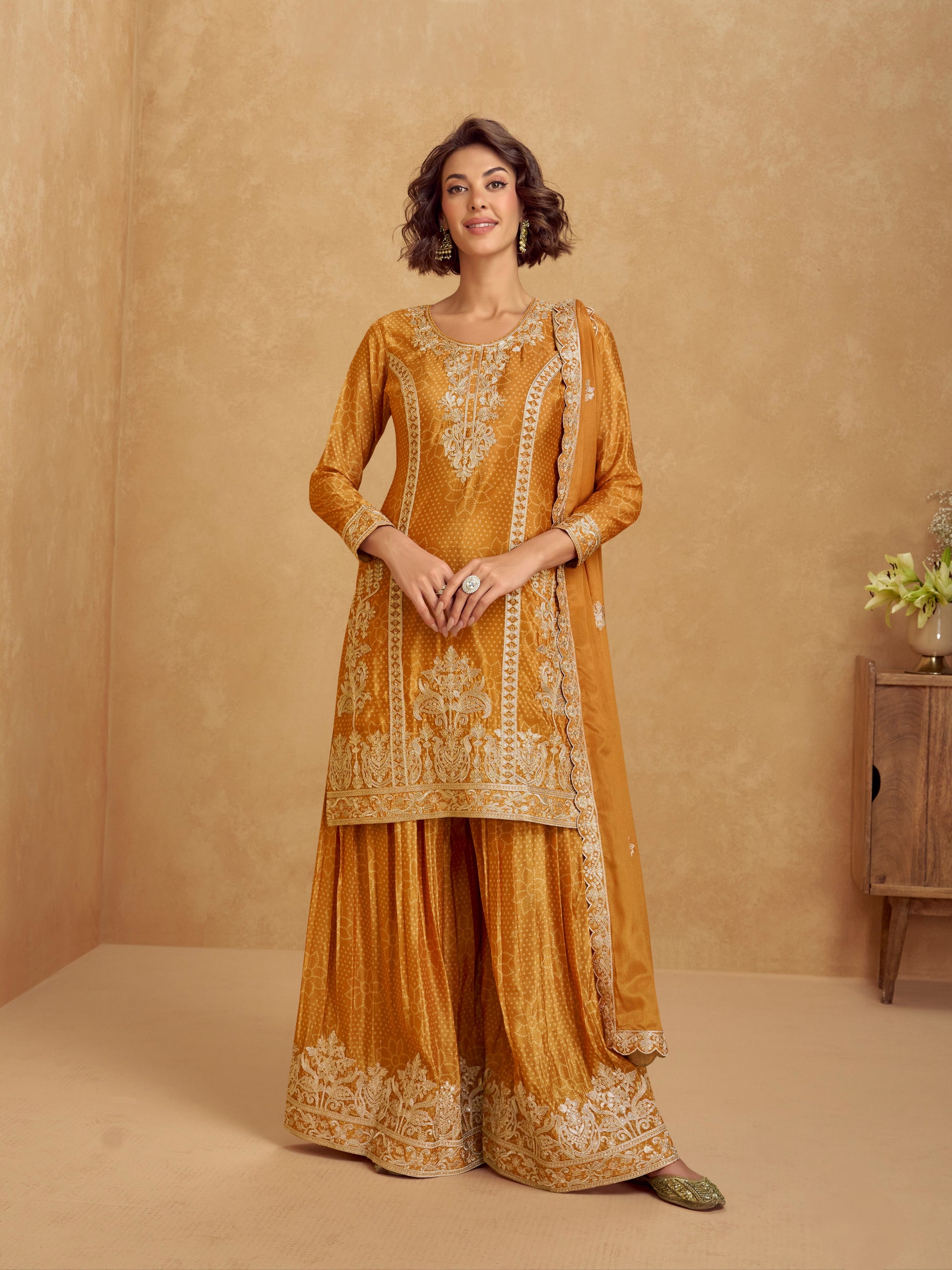 Mustard Yellow Chinnon Silk Embroidered Palazzo Suit