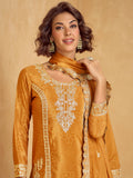 Mustard Yellow Chinnon Silk Embroidered Palazzo Suit