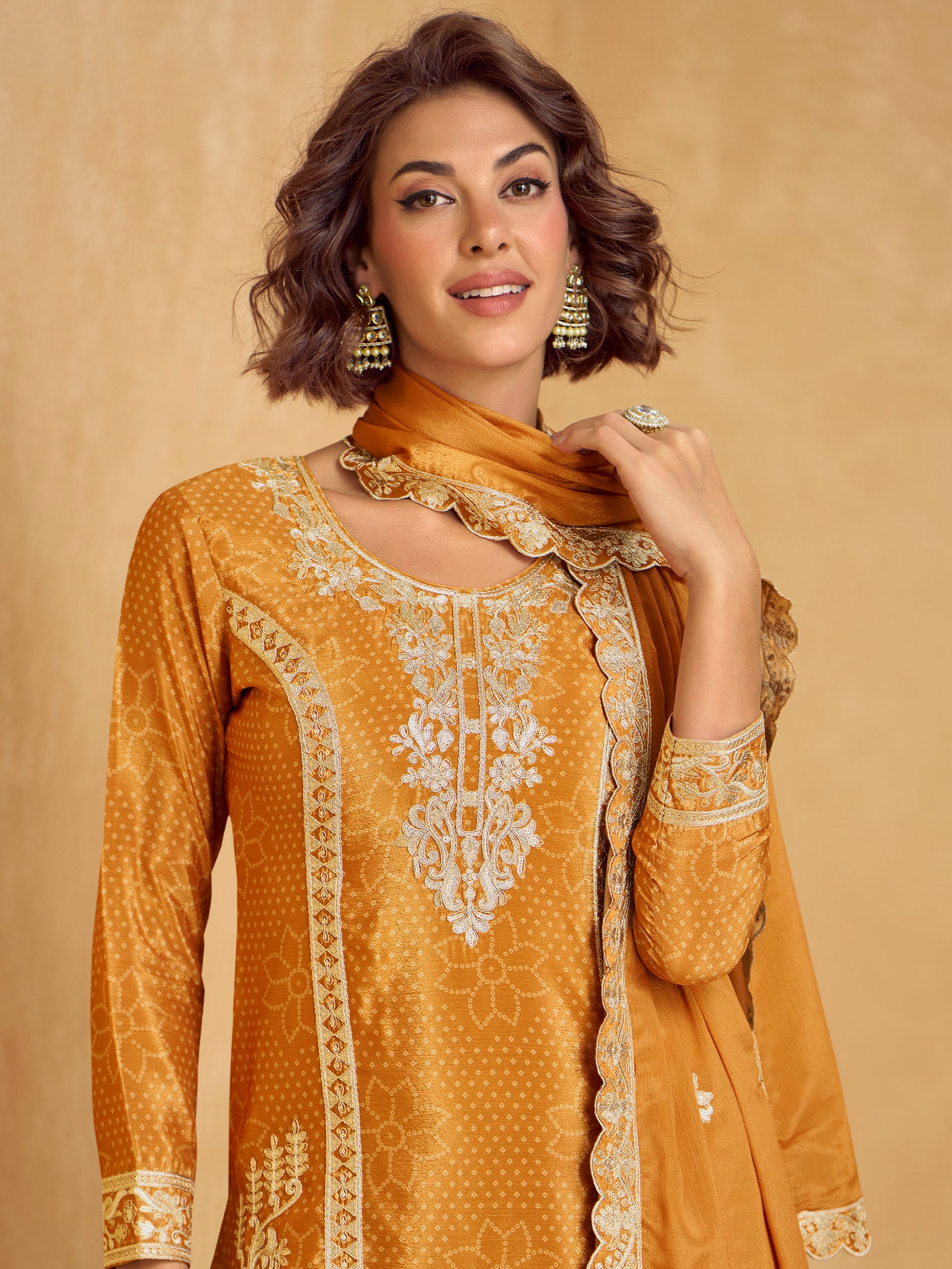 Mustard Yellow Chinnon Silk Embroidered Palazzo Suit