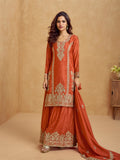 Rust Orange Chinnon Silk Embroidered Palazzo Suit