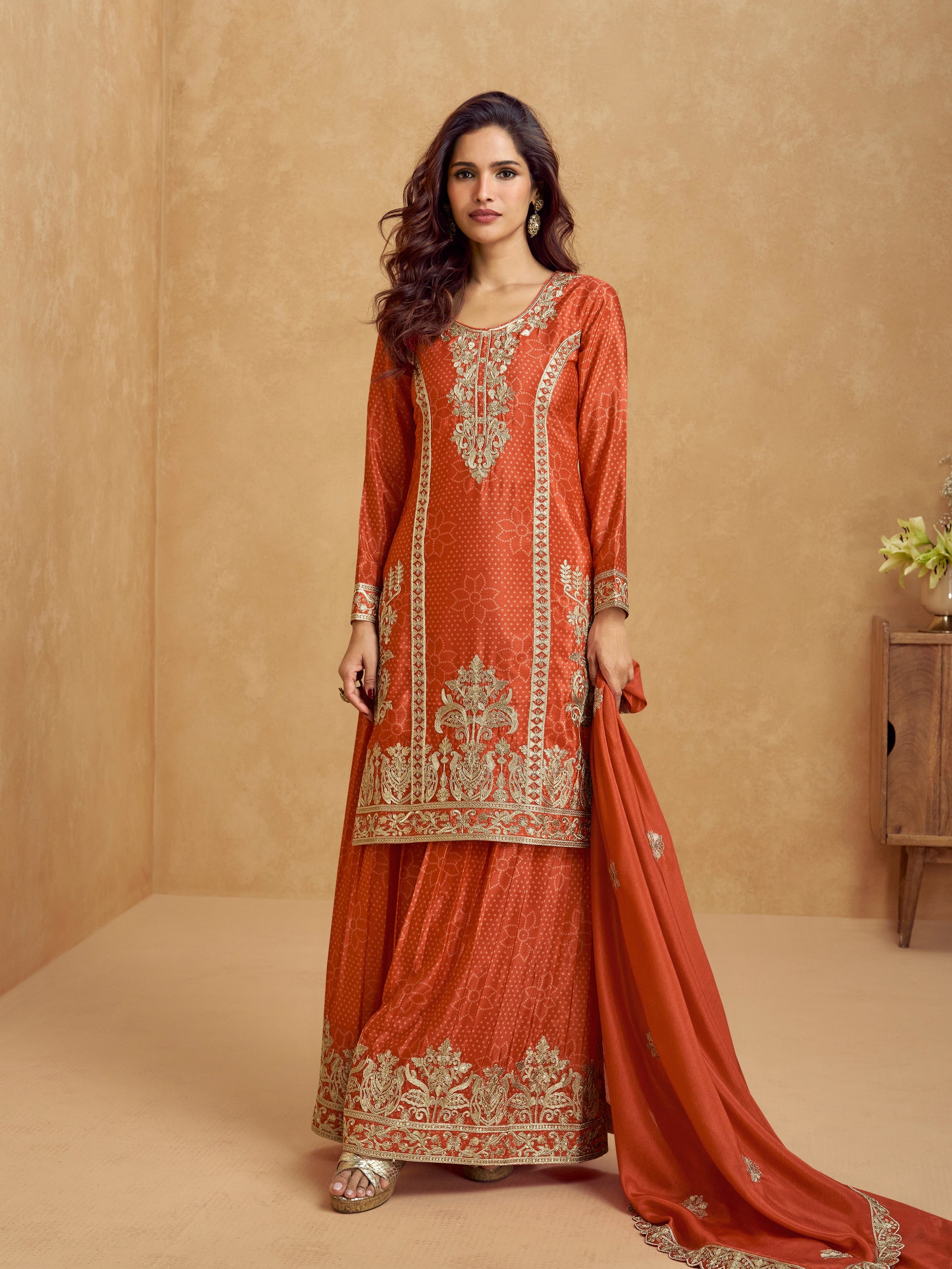 Rust Orange Chinnon Silk Embroidered Palazzo Suit
