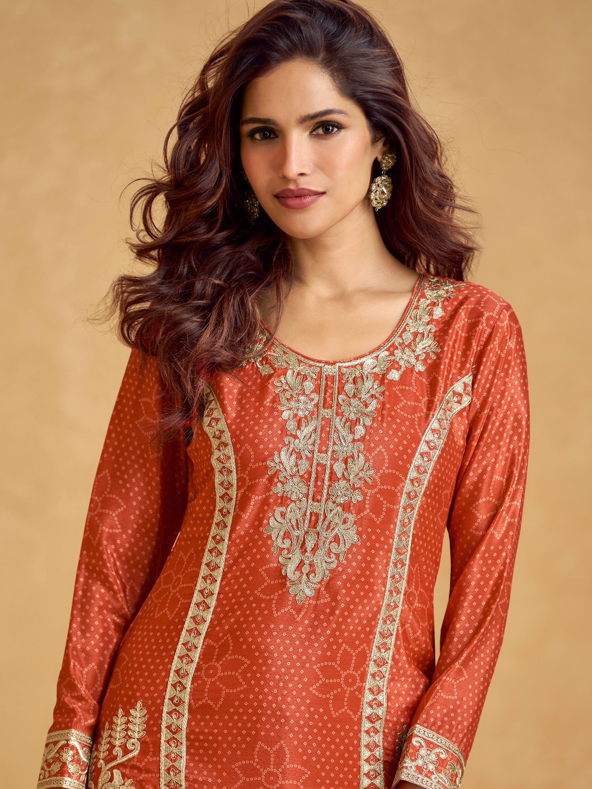 Rust Orange Chinnon Silk Embroidered Palazzo Suit