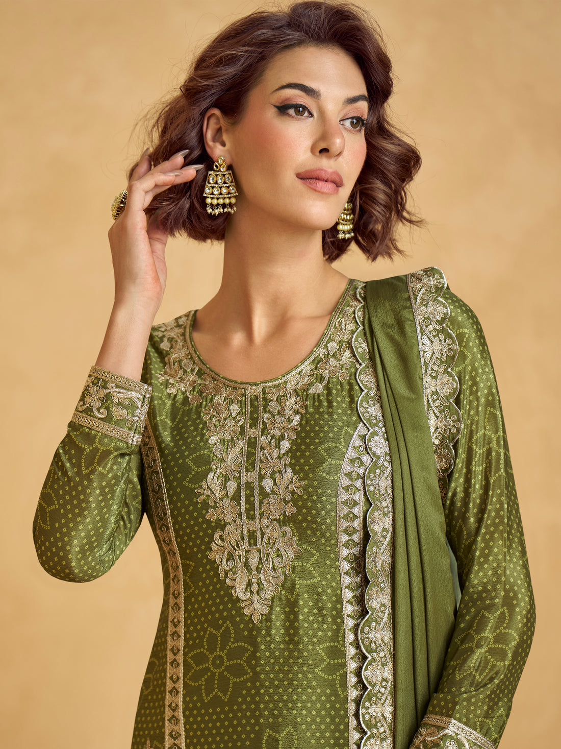 Olive Green Chinnon Silk Palazzo Suit with Embroidery