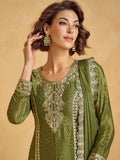 Olive Green Chinnon Silk Palazzo Suit with Embroidery