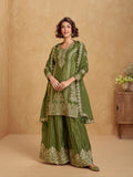 Olive Green Chinnon Silk Palazzo Suit with Embroidery