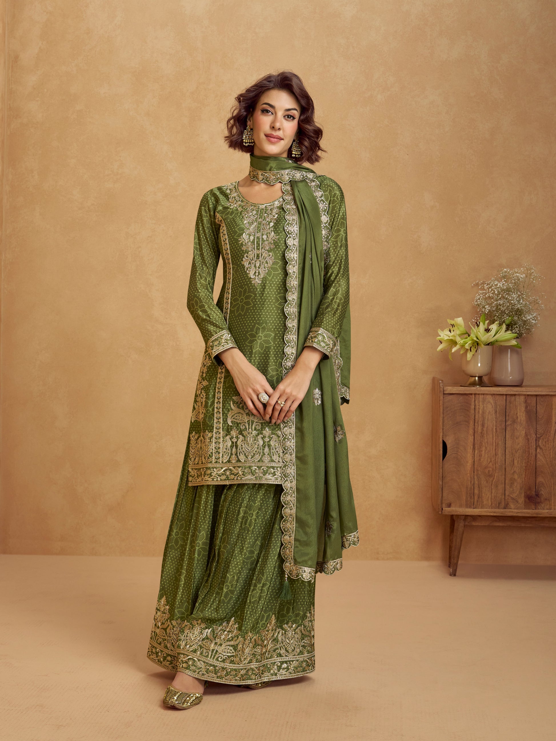 Olive Green Chinnon Silk Palazzo Suit with Embroidery