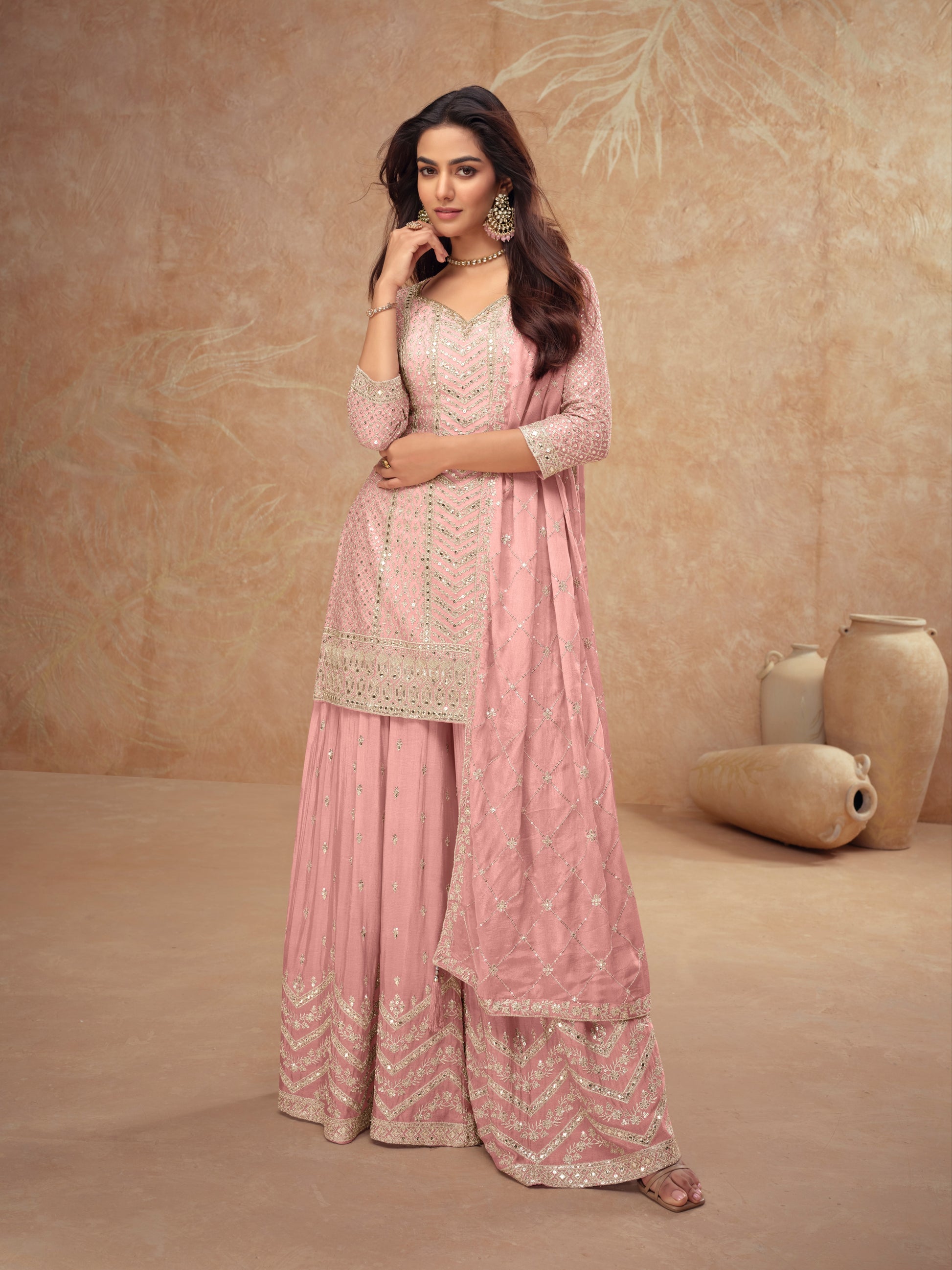 Pink Real Chinon Embroidered Palazzo Suit