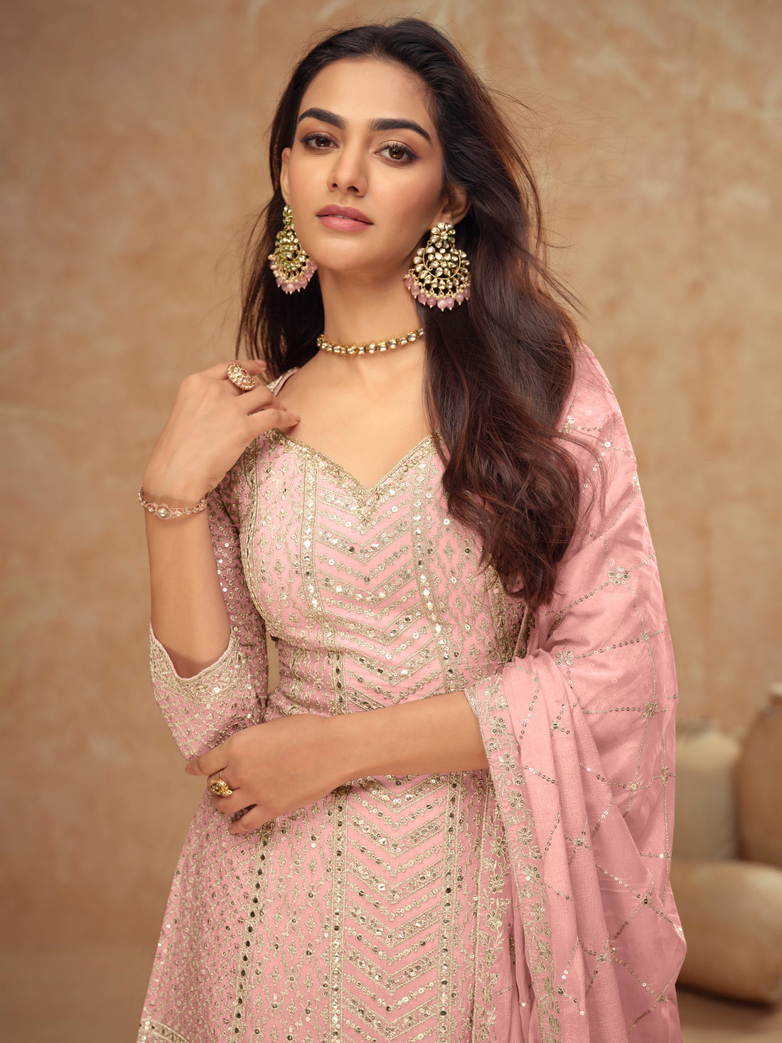 Pink Real Chinon Embroidered Palazzo Suit