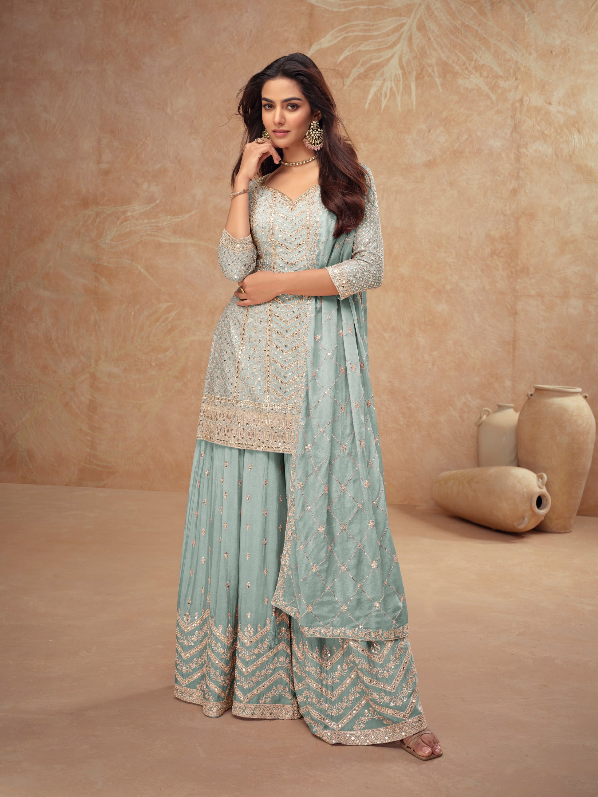 Mint Blue Real Chinon Embroidered Palazzo Suit