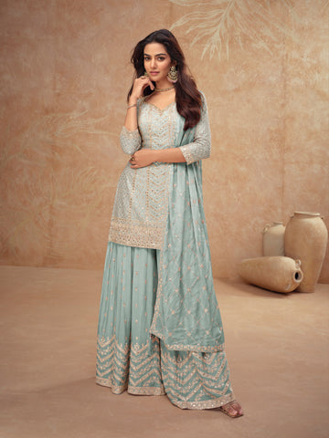 Mint Blue Real Chinon Embroidered Palazzo Suit