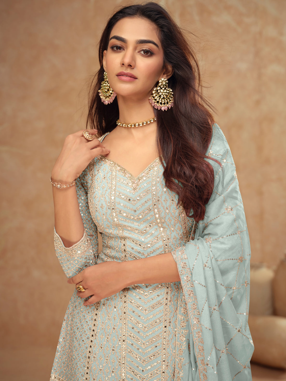 Mint Blue Real Chinon Embroidered Palazzo Suit