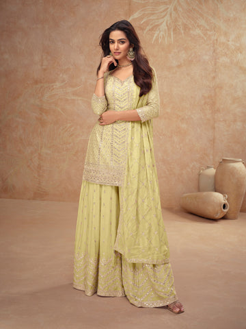 Lime Green Real Chinon Embroidered Palazzo Suit