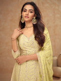 Lime Green Real Chinon Embroidered Palazzo Suit